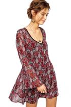 Oasap Demure Floral Burgundy Backless Mini Dress
