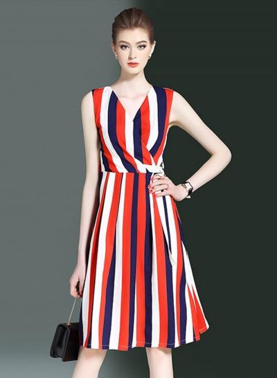 Oasap V Neck High Waist Sleeveless Striped Midi Dress