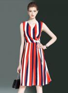 Oasap V Neck High Waist Sleeveless Striped Midi Dress