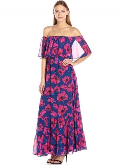 Oasap Boho Floral Print Off Shoulder Short Sleeve Maxi Dress