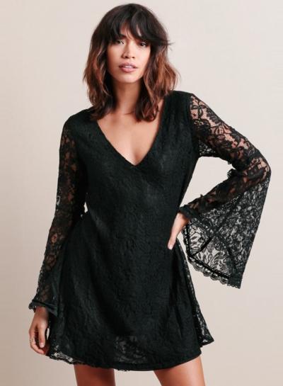 Oasap Deep V Neck Long Flare Sleeve Mini Lace Dress