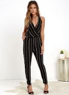 Oasap V Neck Backless Stripe Siamese Jumpsuit