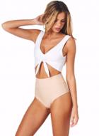 Oasap Deep V Neck Sleeveless Solid Color Bikini Swimwear