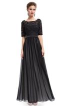 Oasap Women's Elegant Half Sleve Lace Open Back Chiffon Black Evening Dress