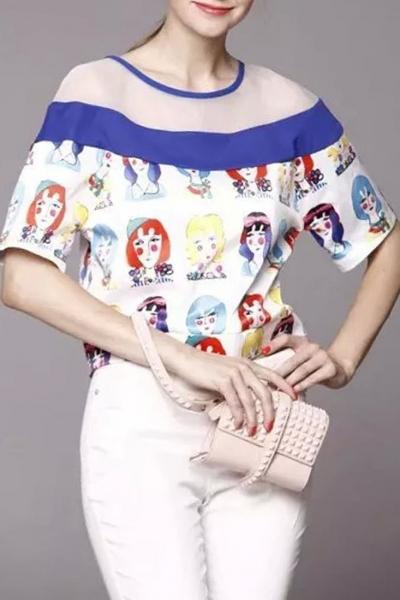 Oasap Essential Beauty Portrait Pattern Sheer Yoke Crop Top