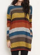 Oasap Round Neck Long Sleeve Striped Printed Day Dress