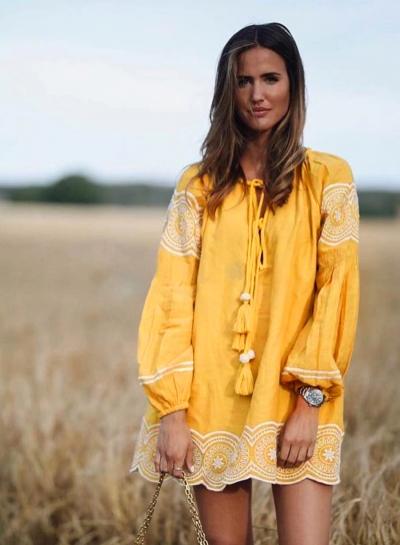Oasap Vintage Embroidery V Neck Fringe Mini Dress