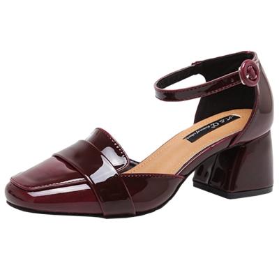 Oasap Square Toe Ankle Strap Patent Leather Pumps
