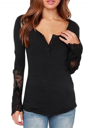Oasap Women's Casual Solid Long Sleeve Lace Patchwork Tee