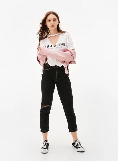 Oasap V Neck Letter Print Tee Shirt