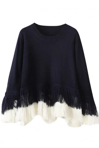 Oasap Color Block Fringed Batwing Sleeve Knit Sweater