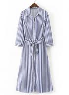 Oasap Turn Down Collar Long Sleeve Striped Maxi Dress