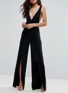 Oasap Deep V Neck Sleeveless High Slit Wide Leg Jumpsuit