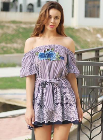 Oasap Striped Off Shoulder Short Sleeve Floral Dress With Belt