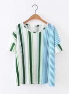 Oasap Round Neck Color Block Stripped Tee Shirt