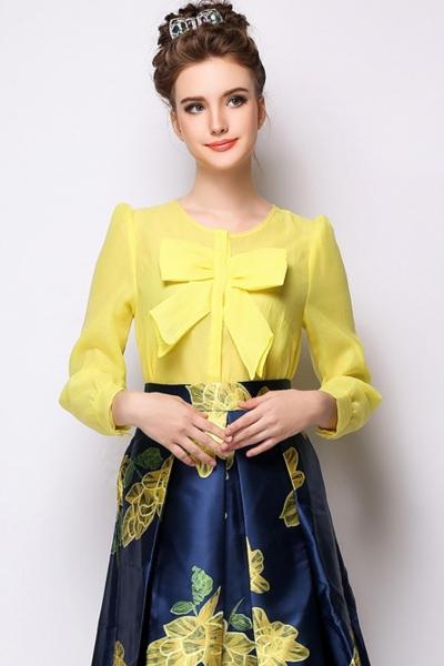 Oasap Front Big Bowknot Organza Blouse