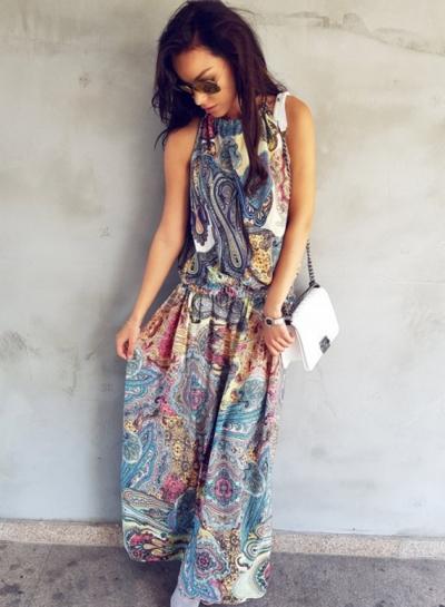 Oasap Boho Floral Printed Halter Sleeveless Elastic Waist Maxi Dress
