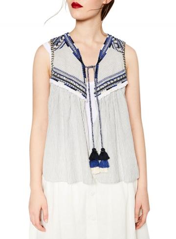 Oasap Women's Casual National Wind Embroidery Striped Summer Vest