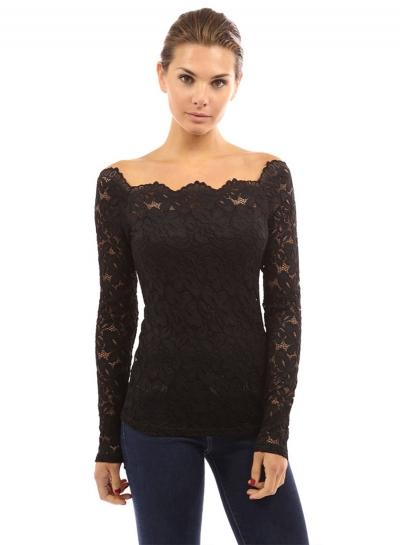 Oasap Slash Neck Long Sleeve Lace Tee Shirt