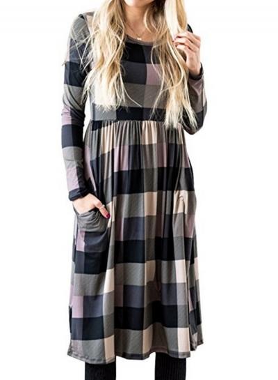 Oasap Round Neck Long Sleeve Plaid Midi Day Dress