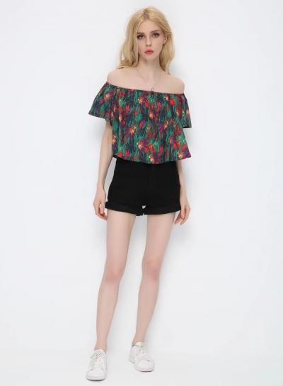 Oasap Off Shoulder Short Sleeve Floral Pullover Blouse
