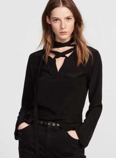 Oasap Casual V Neck Long Sleeve Solid Color Lace Up Blouse