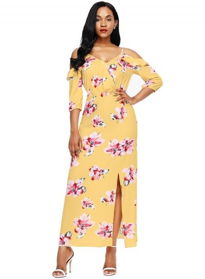 Oasap Spaghetti Strap Off Shoulder Floral Printed Maxi Dress