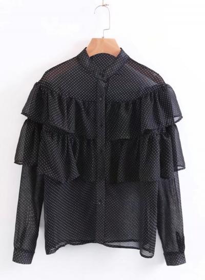 Oasap Stand Collar Polka Dots Flounce Hem Shirts