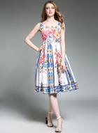 Oasap Sleeveless Floral Printed A-line Pleated Dress