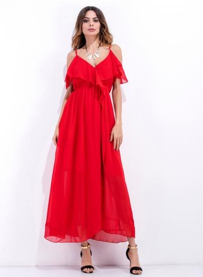 Oasap V Neck Flounce Panel Maxi Dress