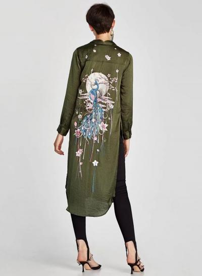 Oasap Floral Embroidery Slit Button Down Longline Shirt