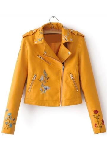 Oasap Turn Down Collar Zipper Fly Floral Embroidery Pu Jackets