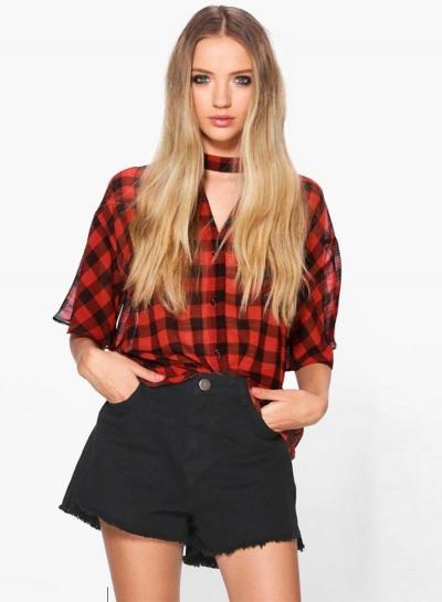 Oasap Plaid Half Sleeve Shirt