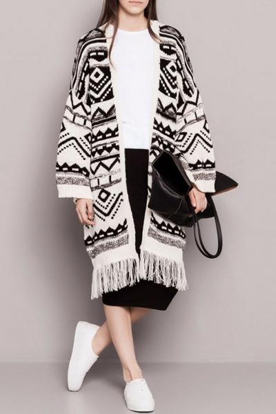 Oasap Vintage Geometric Knitted Tassel Cardigan