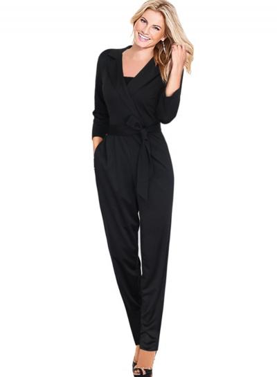 Oasap Solid Color 3/4 Sleeve Notch Lapel Jumpsuit With Pocket