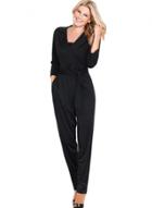 Oasap Solid Color 3/4 Sleeve Notch Lapel Jumpsuit With Pocket