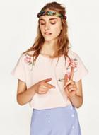 Oasap Floral Embroidery Round Neck Short Sleeve Tee