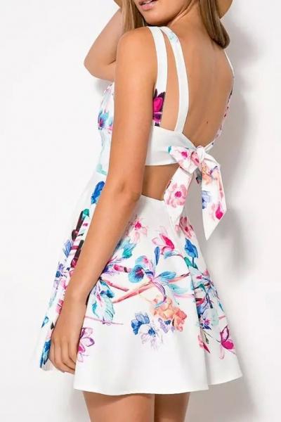 Oasap Floral Plunging Neck Open Back Dress