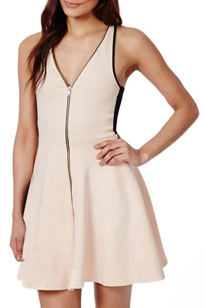 Oasap Women Color Block Zip Front V Neck Sleeveless Swing Dress