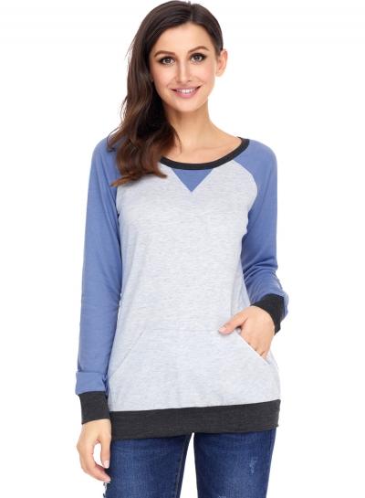 Oasap Blue Raglan Sleeve Patch Elbow Sweatshirt