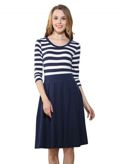 Oasap 3/4 Sleeve Round Neck High Waist Striped Dress