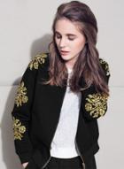 Oasap Floral Embroidery Full Zip Bomber Jacket