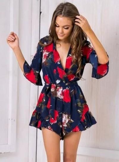 Oasap Deep V Neck Floral Print Romper