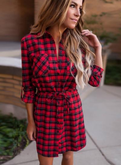 Oasap Long Sleeve Turn-down Collar Button Down Plaid Shirt Dress