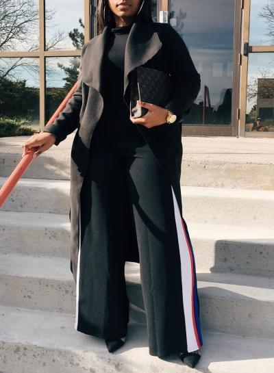 Oasap Open Front Wide Lapel Solid Color Long Woolen Coat With Belt