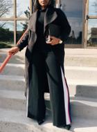 Oasap Open Front Wide Lapel Solid Color Long Woolen Coat With Belt