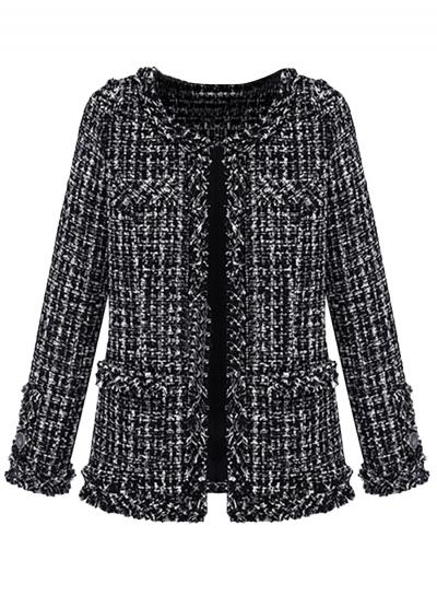 Oasap Women's Fashion Long Sleeve Black White Grid Woollen Coat