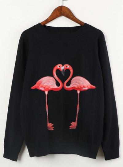 Oasap Fashion Red-crowned Crane Printed Pullover Sweater