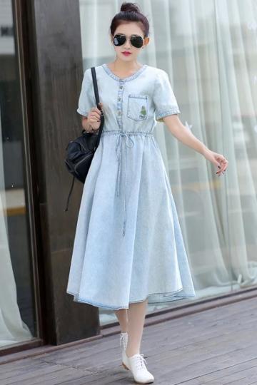 Oasap Sweet Short Sleeve Denim Swing Dress