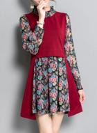 Oasap Long Sleeve Floral Print Color Block Mini Dress
